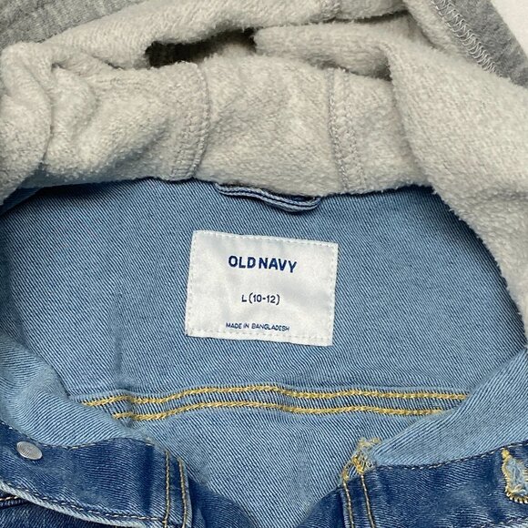 Old Navy Denim Trucker Jacket L Faded Medium Blue Jean Hoodie Button-Up Kids L - Picture 10 of 11